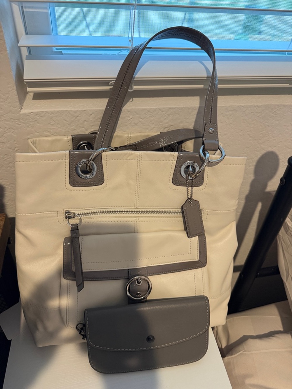 Coach Cream and Gray Shoulder Bag and Gray Coach Wristlet